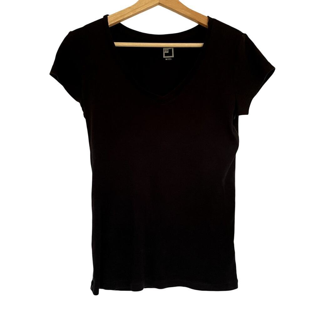 JCPenney black short sleeved shirt v-neck top women's size medium cotton basic